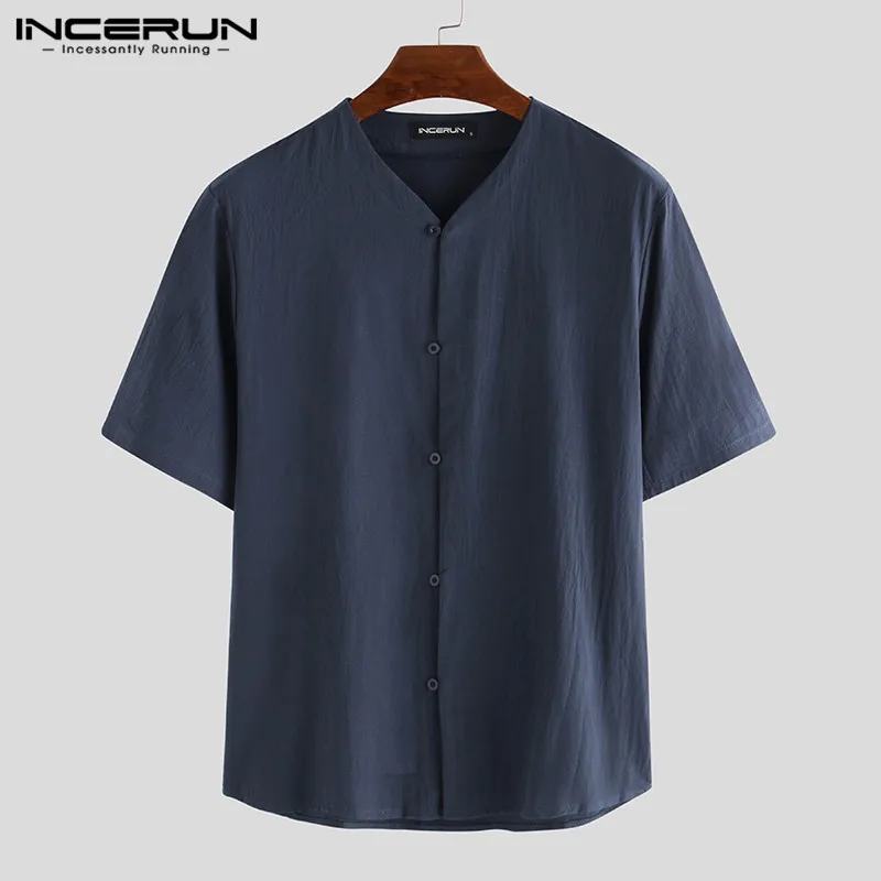Navy Shirt INCERUN, летняя повседневная рубашка для мужчин, хлопок, короткий рукав, v-образный вырез, дышащая, пуговиц, китайский стиль, Ретро стиль, одноцветные рубашки для мужчин, Camisa - Цвет: Navy Shirt