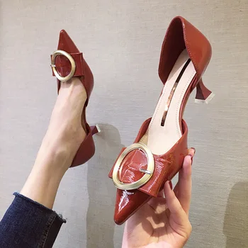 

LIMEIKE 2020 women pumps soft cow leather autumn spring pointed toe red color Metal decoration low heels party dress