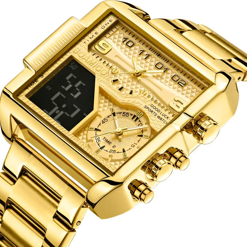 Luxury Fashion Men Watches Gold Stainless Steel Sport Square Digital Analog Big Quartz Watch - Image 2