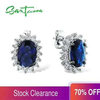 

Santuzza Silver Stud Earrings for Women Blue Stone White Cubic Zirconia Ladies Pure 925 Sterling Silver Party Fashion Jewelry