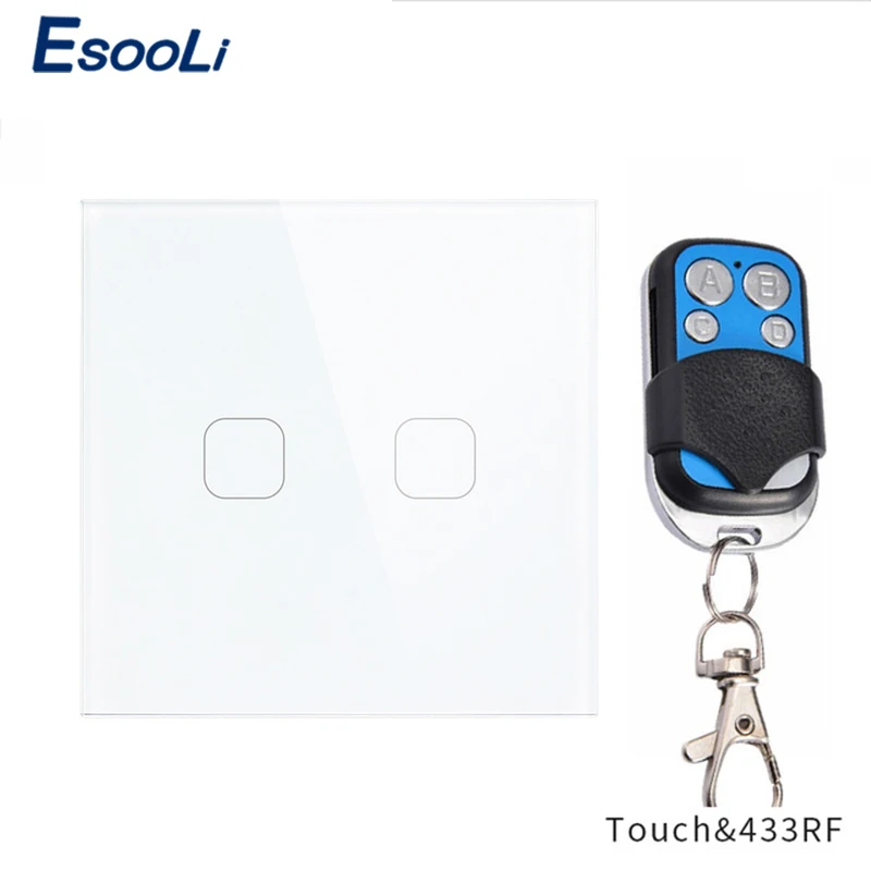 2 Gang White Remote Esooli ЕС стандарт 1 банда 2 банды 1 способ дистанционное управление переключатель Роскошный Кристалл Стекло нормальный сенсорный переключатель держатель - Цвет: 2 Gang White Remote