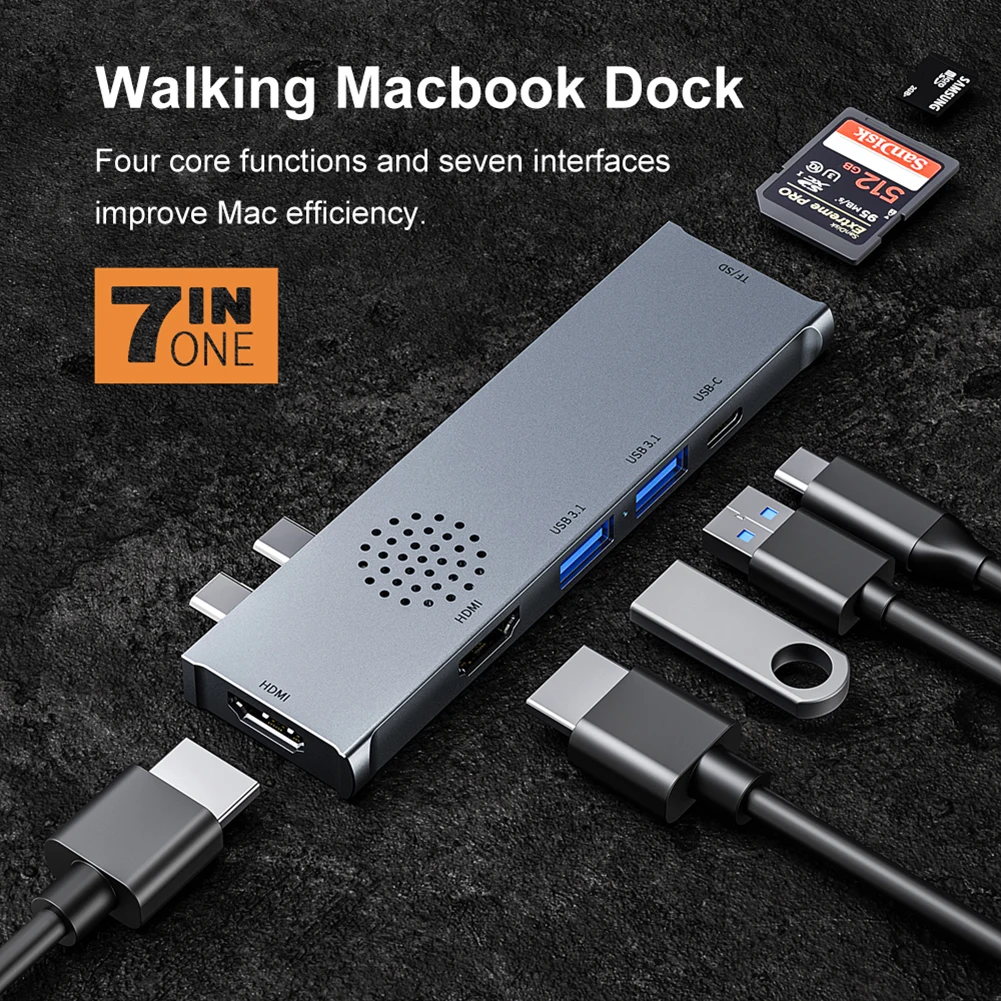 

7-in-1 USB C Adapter Cable Hub for Macbook Pro Dual HDMI 4K@30Hz Tablet PC Type C USB C Adapter USB Cable