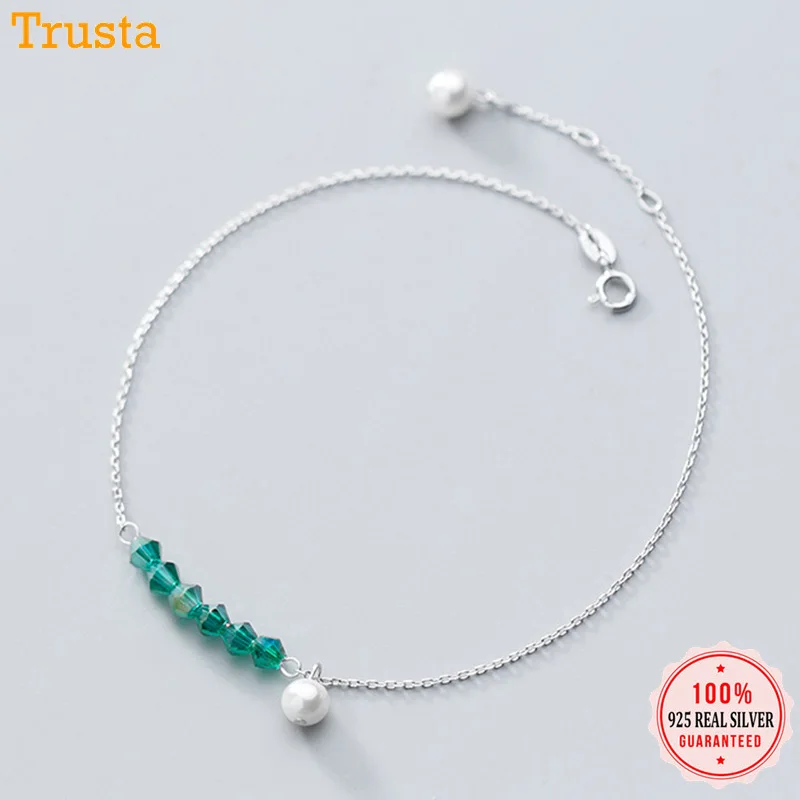 Trustdavis 100% 925 Sterling Silver Green Zircon Synthesis Pearl Anklets For Women Girl Valentine's Day Birthday Gift DS1409 Trustdavis 100% 925 Sterling Silver Green Zircon Synthesis Pearl Anklets For Women Girl Valentine's Day Birthday Gift DS1409