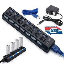Черный 7 портов USB 3,0 концентратор вкл/выкл переключатели AC адаптер питания кабель для ПК ноутбук Mac США ЕС Великобритания вилка