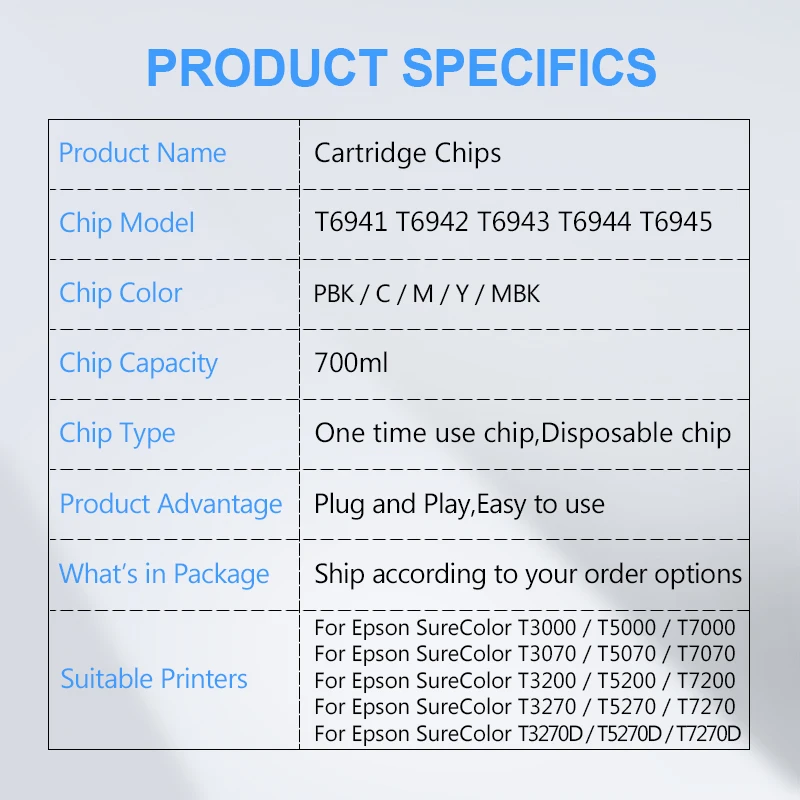 New Upgrade T6941-T6945 Ink Cartridge Chip for Epson SureColor T3000 T3070 T3200 T5200 T7200 T3270 T5270 T7270 T5000 T7000
