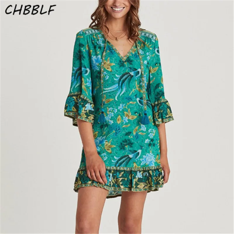 CHBBLF wonen/винтажное платье с цветочным принтом, с коротким рукавом, кисточка, v-образный вырез, Женские Ретро свободные миди платья DFJ8503