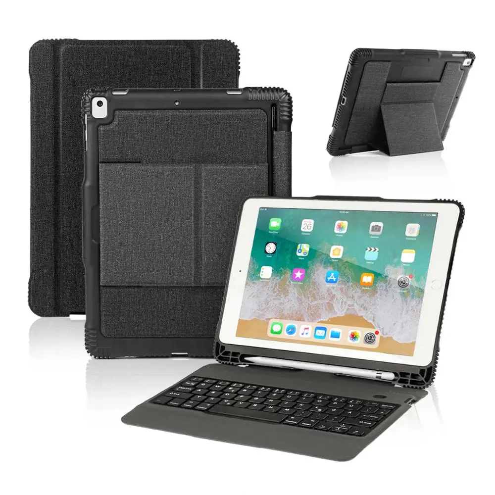 

Silicone anti-drop linen holster for ipad5/6/Pro9.7/2017/2018 five models universal + detachable Bluetooth keyboard black
