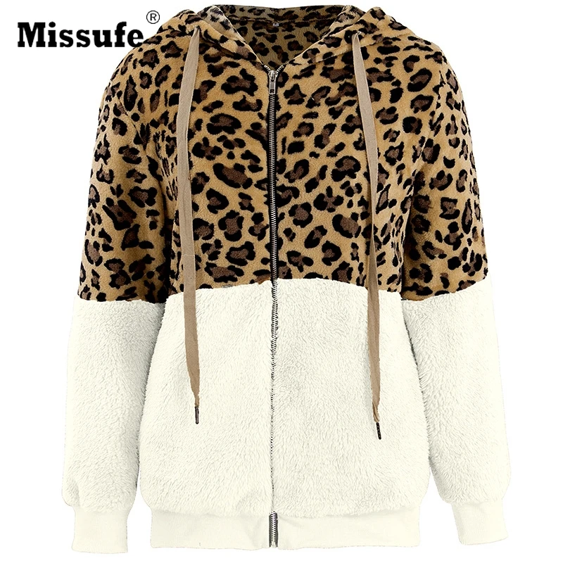 price cut  Missufe Women Winter Jacket Coat Fashion Faux Fur Jacket Plush Leopard Zipper Pocket Outwear Female
