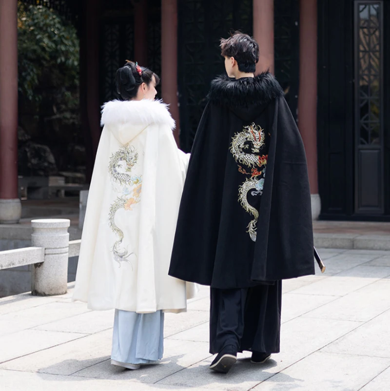 

Hanfu Cloak Men&Women Chinese Traditional Embroidery Velvet Winter White&Black Hanfu Cloak Cos Costume Hanfu Cloak For Couples