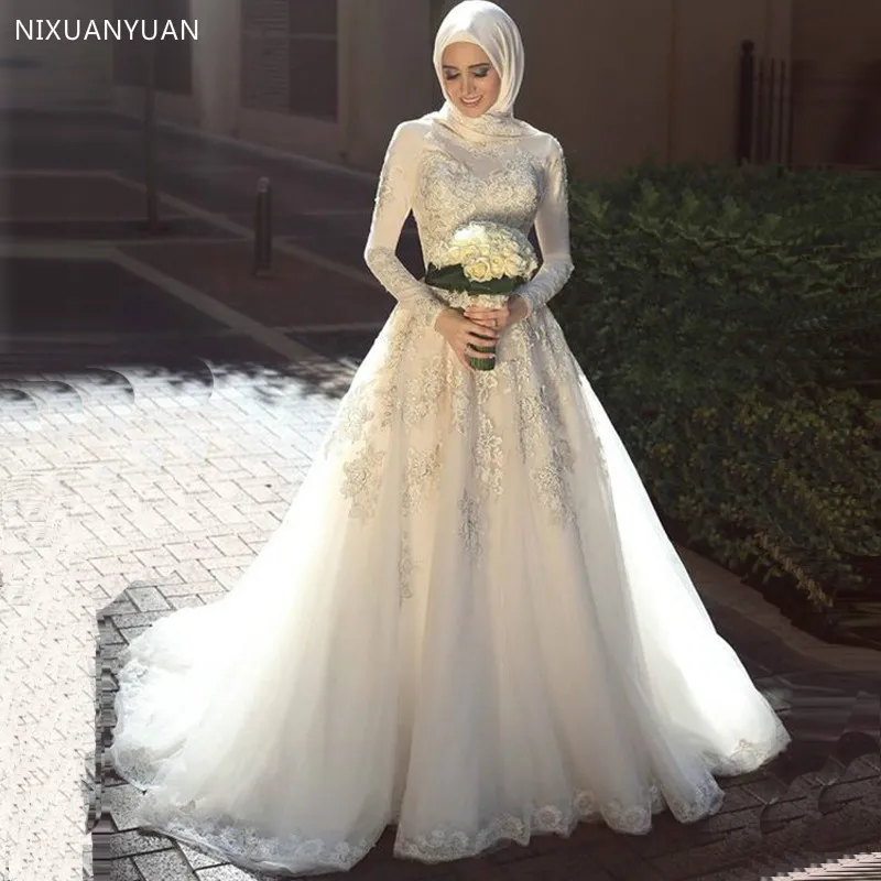 

Long Sleeves Muslim Wedding Dresses 2020 with Veil A-line Sweep Train Jewel Applique Chiffon Floor-Length Arabic Gelinlik
