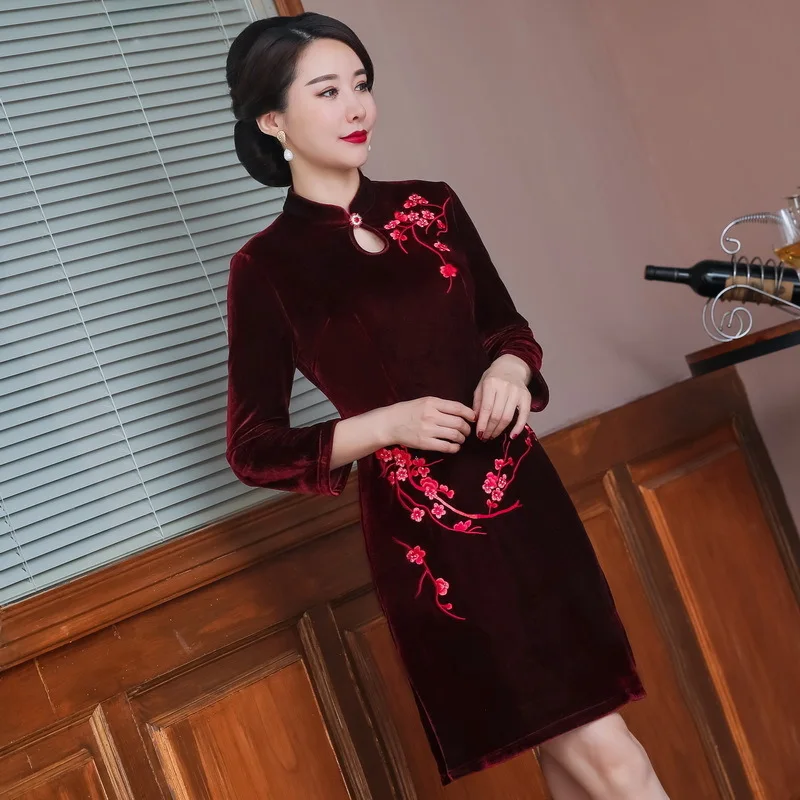 

Quinceanera Promotion Spandex Pattern Plush And Thickened 2020 Winter New Improved Velvet Cheongsam Dress 9-sleeve Mother's