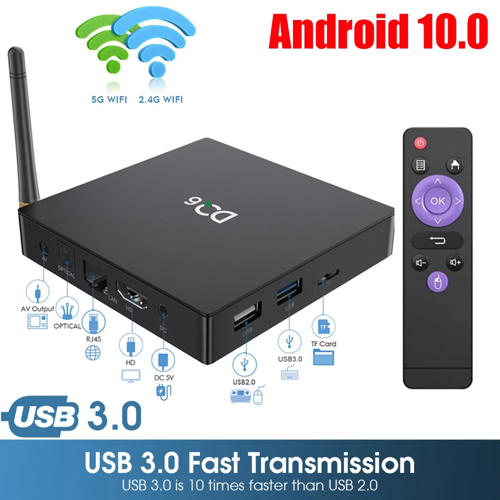 2020 DQ6 RK3318 Смарт ТВ коробка Android 10 0 Box Декодер каналов кабельного телевидения 4 Гб