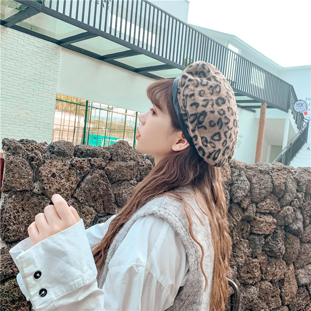 Береты, шапки для женщин, громоздкие, унисекс, Зимние головные уборы, Леопардовый принт, теплая шапка с ушками, британский стиль художника, берет для девочек, женская шапка