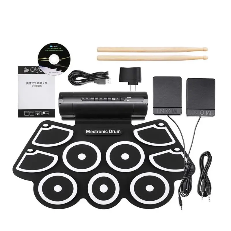 

Portable Electronics Roll Up Drum Pad Set 9 Silicon Pads Built-in Speakers with Drumsticks Foot Pedals USB 3.5mm Audio Cable