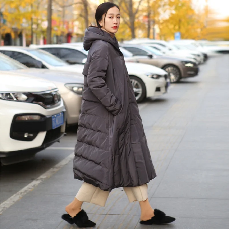 

Hot Sale Warm Thick White Duck Down Coats Women Mid-length Large Hooded Double Breasted Grey 6XL 7XL Plus Size Overcoats Jackets