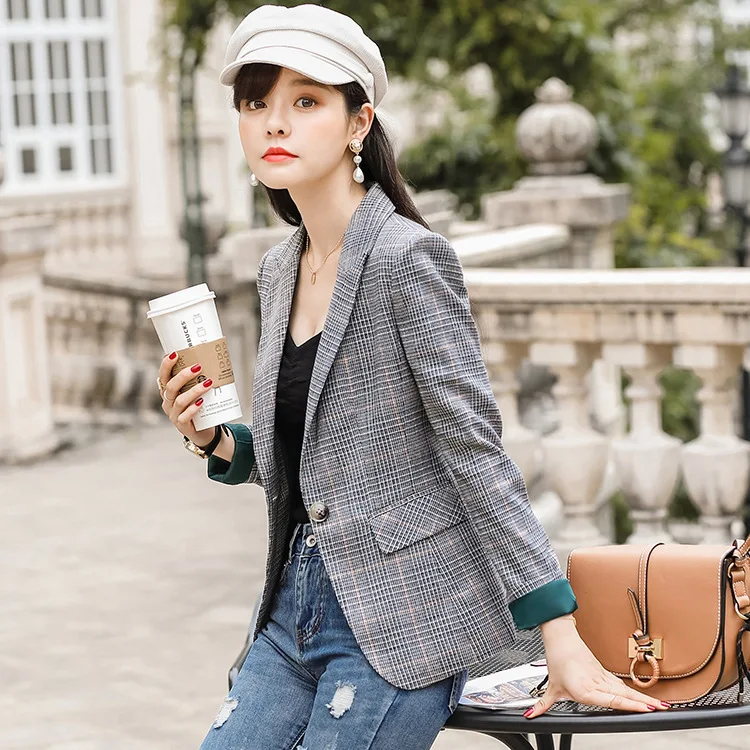 

High quality women's plaid blazer 19 new long-sleeved slim ladies jacket Professional office plaid suit Autumn women's clothing