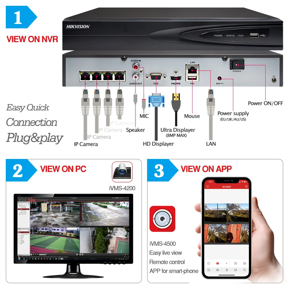 4CH CCTV System 2+2 PCS Ultra 5MP Outdoor Security POE Camera & Hikvision 4 POE NVR DS-7604NI-K1/4P