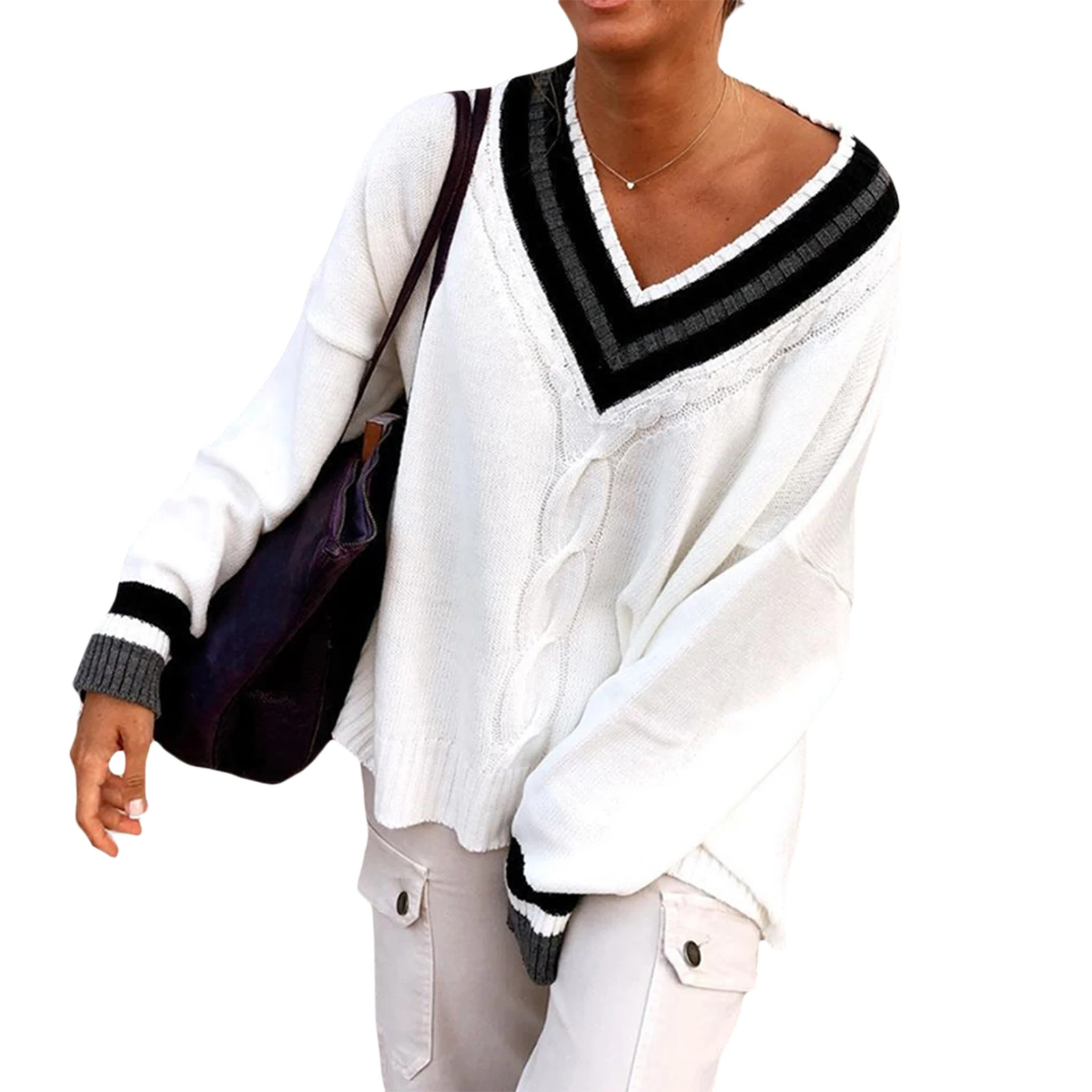 

New Women Loose Sweater Female Casual Style Color Block Long Sleeve V-neck Pullover Knitted Tops for Spring Autumn