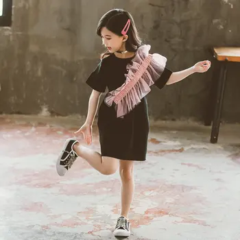 

Toddler Girl Dress New Summer Solid Color Fashion Girls Clothing Black Long T Shirt Style Children's Short Sleeve Dress Clothes