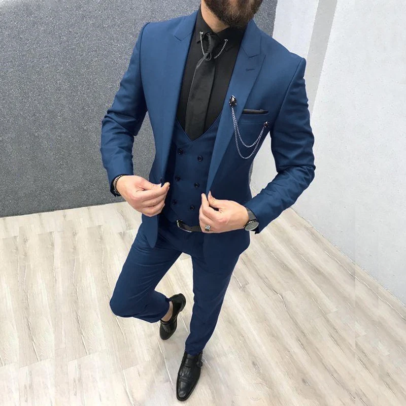 2022 Three Piece Royal Blue Men Suits Peaked Lapel Custom Made Wedding  Tuxedos Slim Fit Male Suits (Jacket + Pants + Vest+Tie)