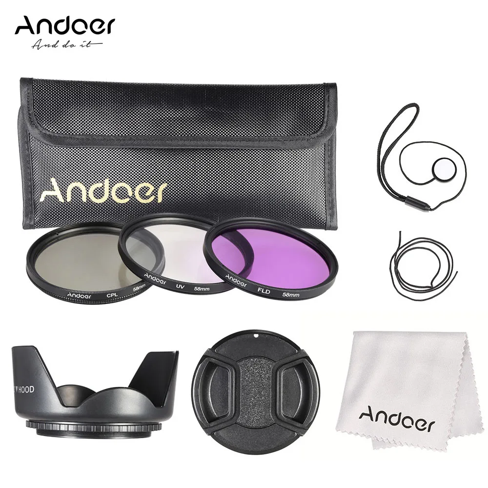 Комплект фильтров Andoer 58 мм(UV+ CPL+ FLD)+ нейлоновый чехол для переноски+ крышка объектива+ держатель крышки объектива+ бленда+ салфетка для очистки объектива