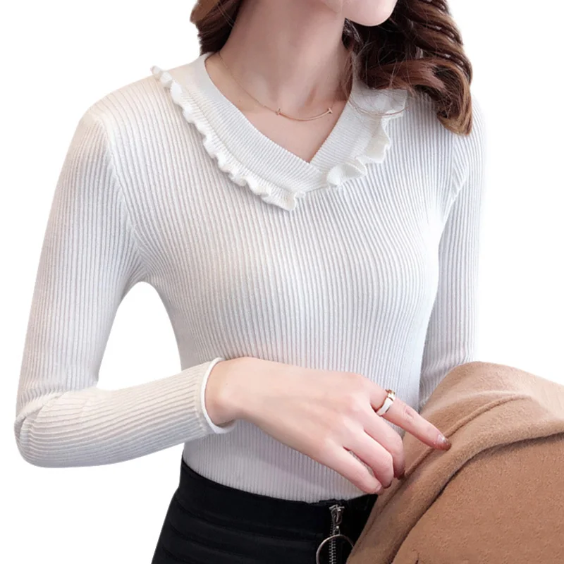 Модный Однотонный свитер с v-образным вырезом и оборками; женский свитер в Корейском стиле; Повседневный тонкий вязаный свитер с длинными рукавами; пуловер - Цвет: W