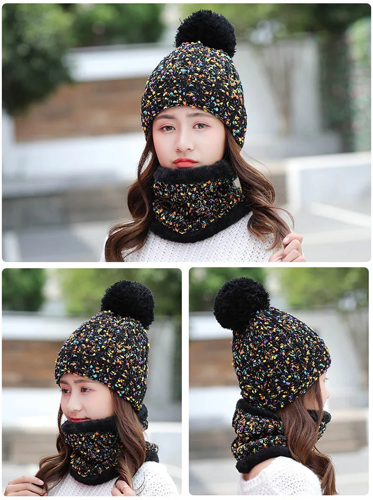 Модная зимняя женская шапка, шарф, набор из шапки и шарфа для женщин и девушек, теплая шапка бини для девочек, шарф с кольцом, помпоны, зимние шапки