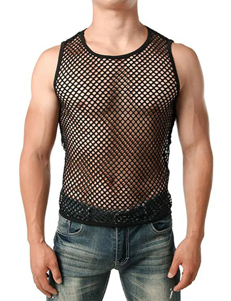 Fashion Men Mesh Sheer T-shirt Gym Training Tank Top Fish Net Hollow Out Sporting New Casual Cool Solid Clothes | Мужская одежда