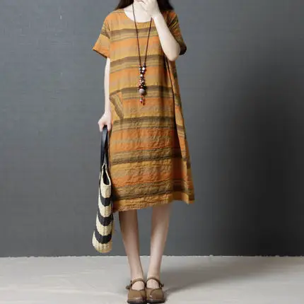 

Summer New Style 2019 Retro Loose And Plus-sized WOMEN'S Dress Fashion Comfortable Cotton Linen Stripes Short-sleeve Dress Women