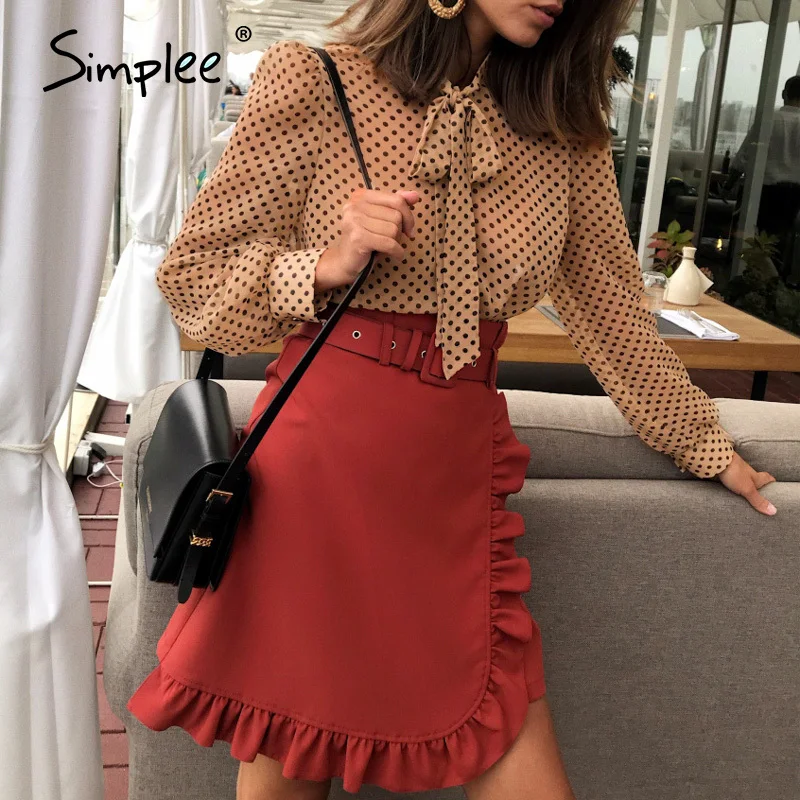 Simplee винтажная женская блузка в горошек с длинным рукавом, рубашка, Повседневная Весенняя блузка с завязками на шее, элегантная рабочая одежда, свободный женский офисный Топ