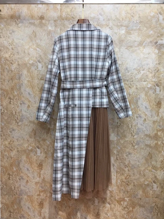 Early Autumn New Women's Dress with Belt and Lattice Stitching Mesh Decorative Long Sleeve Dress 918