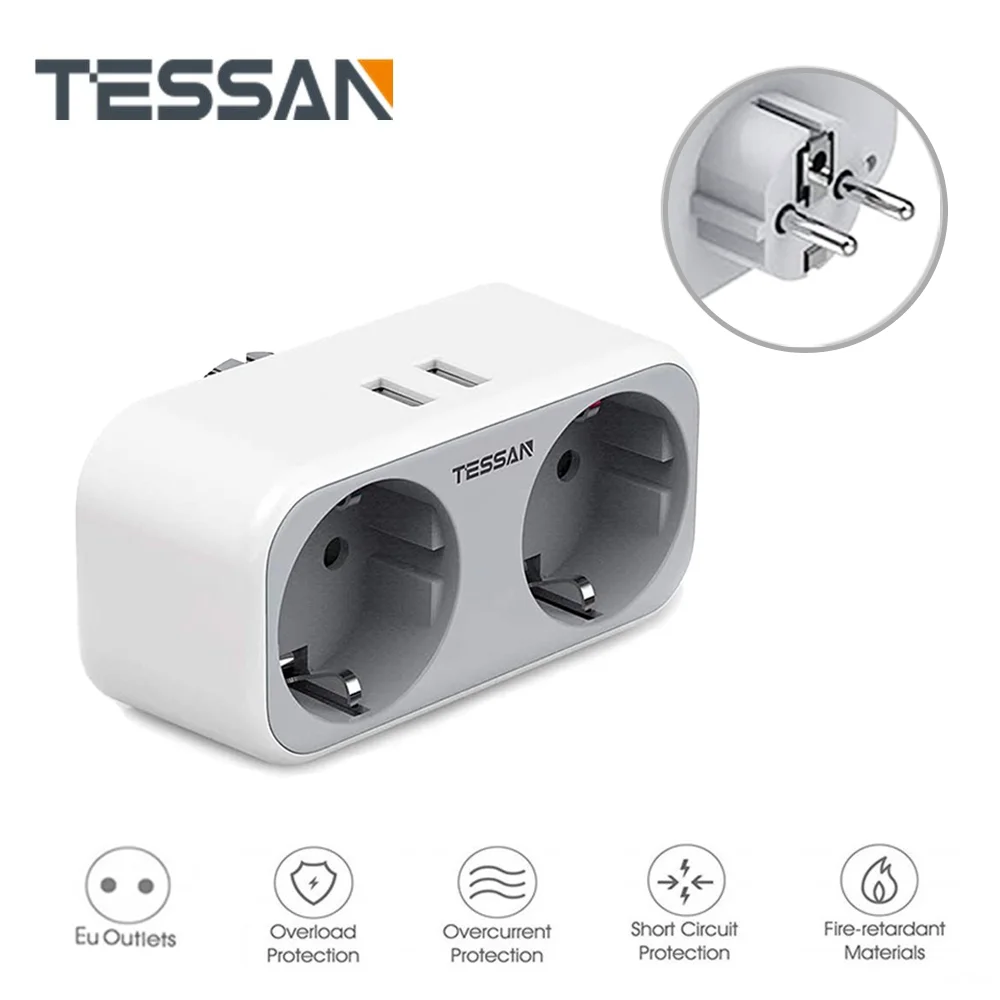

TESSAN EU Power Strip Socket with 2 Outlets 2 USB Charger Overload protection 4-in-1 Socket EU plug Portable Travel Adapter