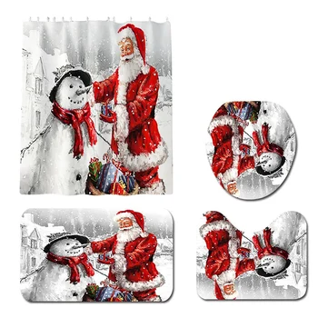 

4Pcs Christmas Snowman Santa Claus Shower Curtain Anti-Slip Bathroom Carpet Toilet Cover Pad Set Bathroom Decoration