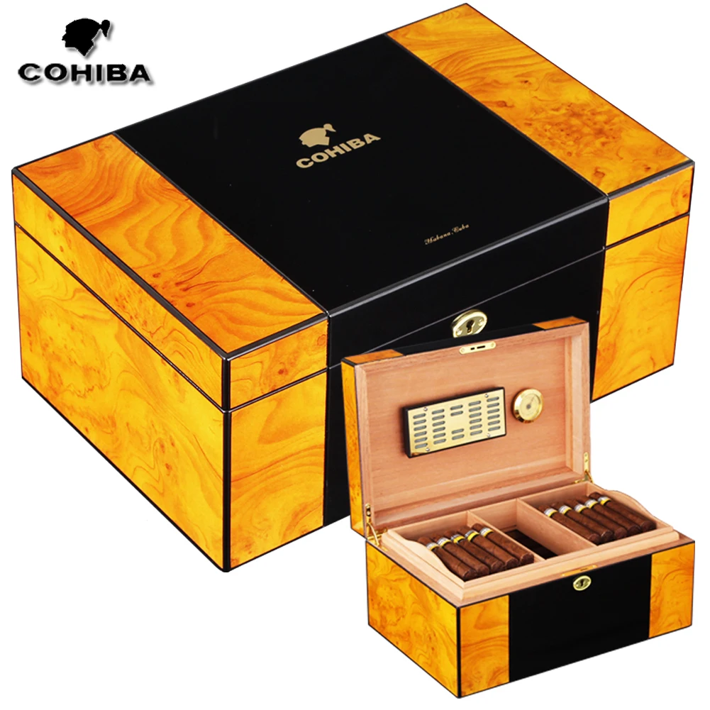 COHIBA Роскошные сигары Humidor дома кедра древесины пианино отделка Глянцевая сигары коробка W/ключ увлажнитель с гигрометром Humidor Box