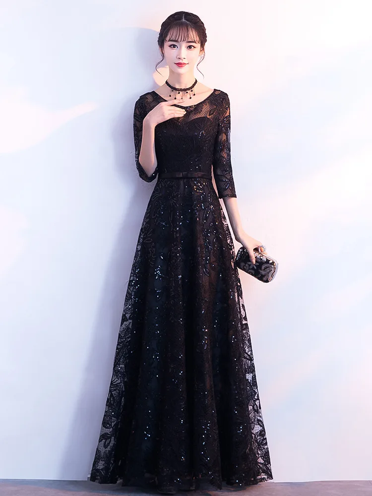 

Black Elegant Evening Dresses Long ES30068 A-Line O-Neck 3/4 Sleeve Sequined Formal Evening Gowns Robe Femme Soiree