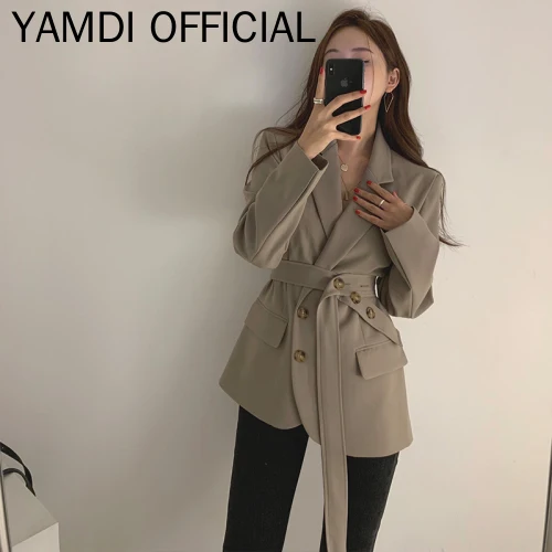 YAMDI осенне-зимний костюм Balzer корейский винтажный Блейзер Пальто Женский кружевной ремень Офисная Женская рабочая одежда блейзер верхняя одежда
