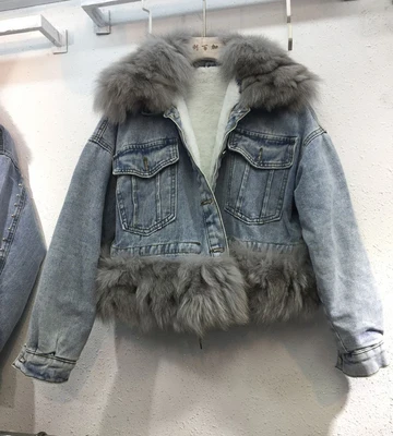 blue grey Джинсовая куртка из натурального Лисьего меха, женская зимняя куртка, пальто из натурального меха, короткая джинсовая стеганая куртка, теплое пальто, женская верхняя одежда - Цвет: blue grey