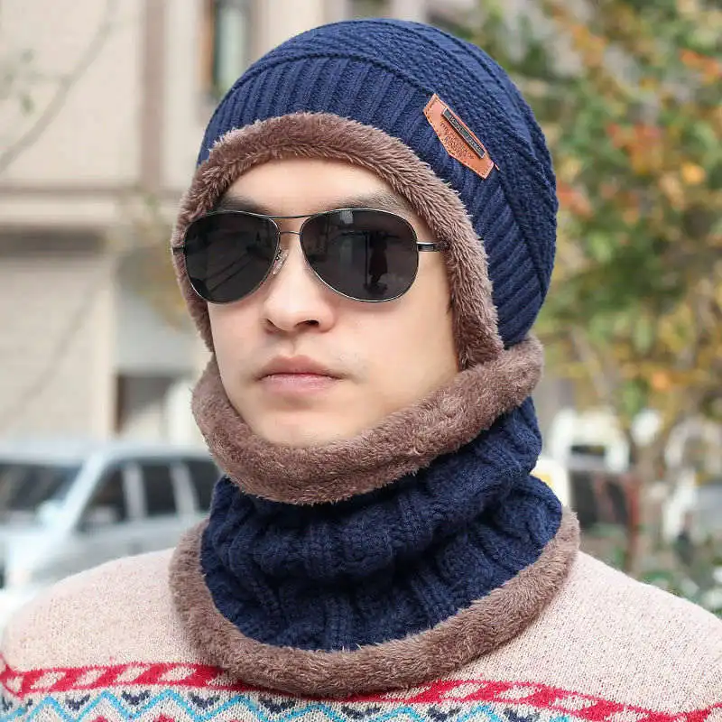 Мужская и женская зимняя модная теплая Вязаная Шапка-бини шапка и шарф комплект