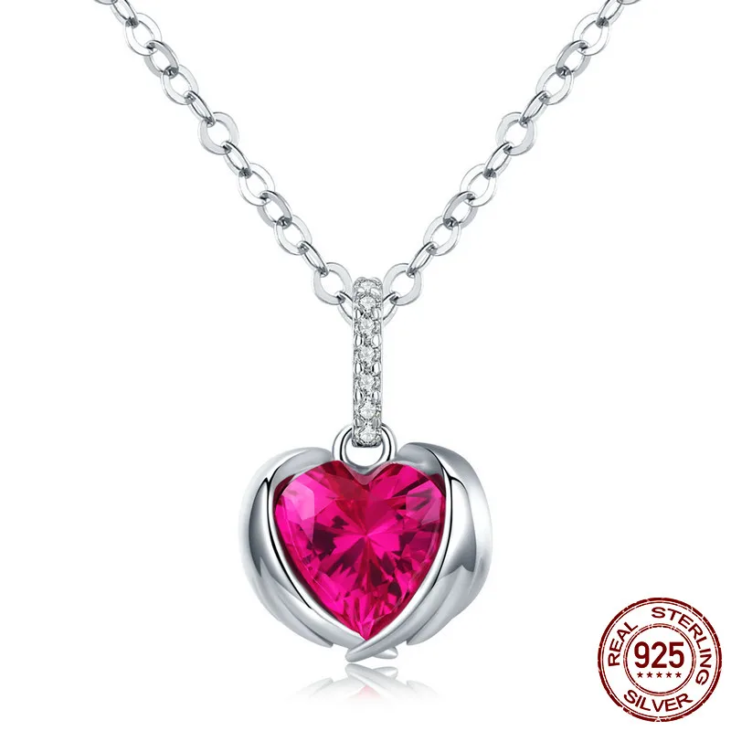 

MYBEBOA Red Heart Guardian Wing Pendant Necklaces for Women AAA Cubic Zirconia Chain Link 925 Sterling Silver Jewelry