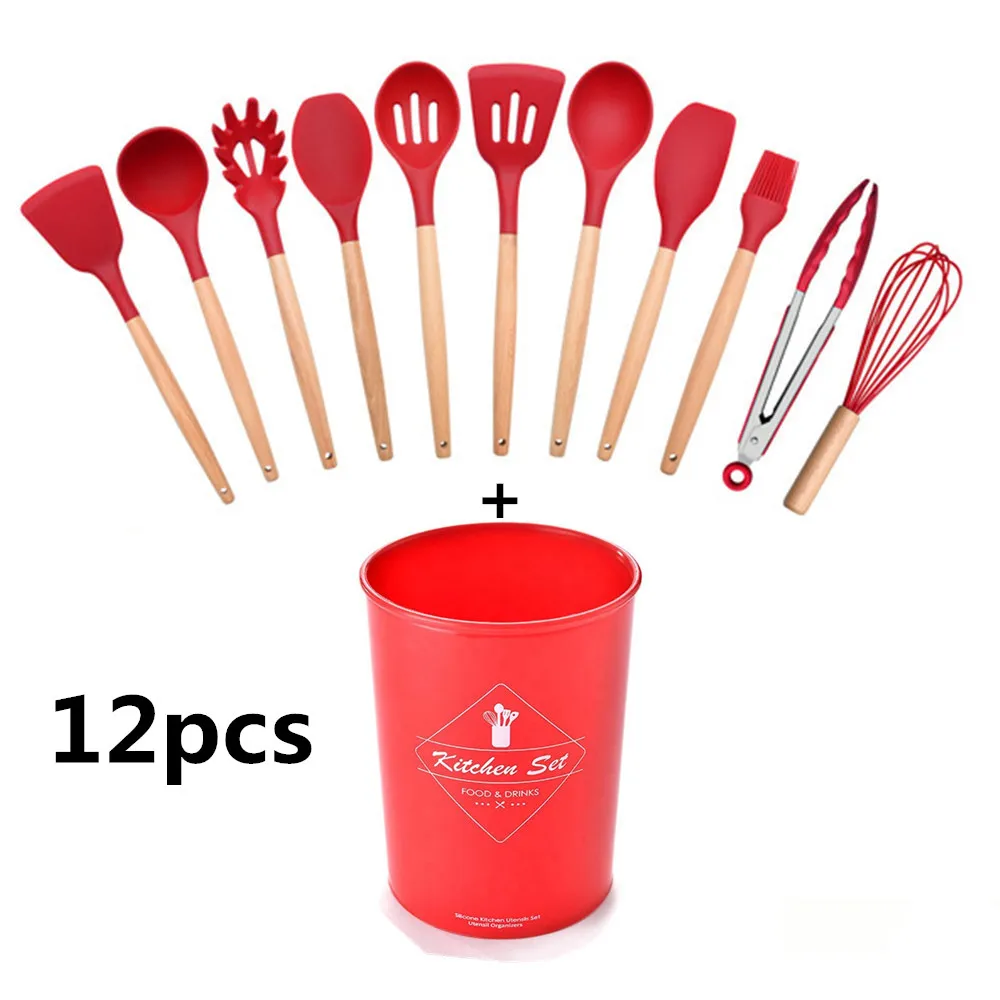 red kitchen utensils 10/11/12/13 шт. Кухня посуда набор красный Пособия по кулинарии посуда набор силиконовых Кухня Инструменты гаджеты деревянной лопатки из нержавеющей стали с держателем коробка - Цвет: red kitchen utensils