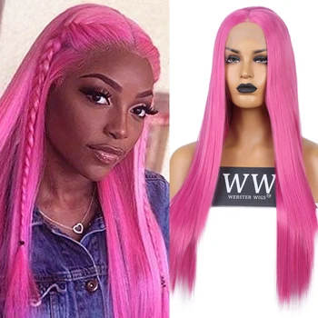 

FANXITON Pink Wig Synthetic Lace Front Wig Heat Resistant Glueless Silky Straight Wigs For Women Free Part Cosplay Summer Wigs