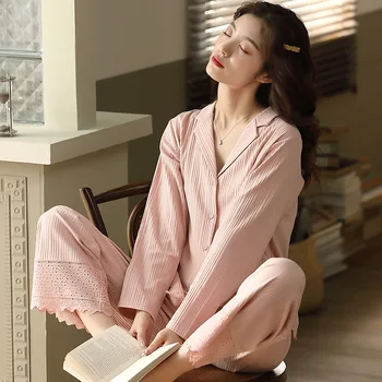 

Cotton Pajamas Set Women Pijamas Solid Autumn Home Suits Fashion Nightie Wear Dropshipping Night Suits for Women Pyjama Set