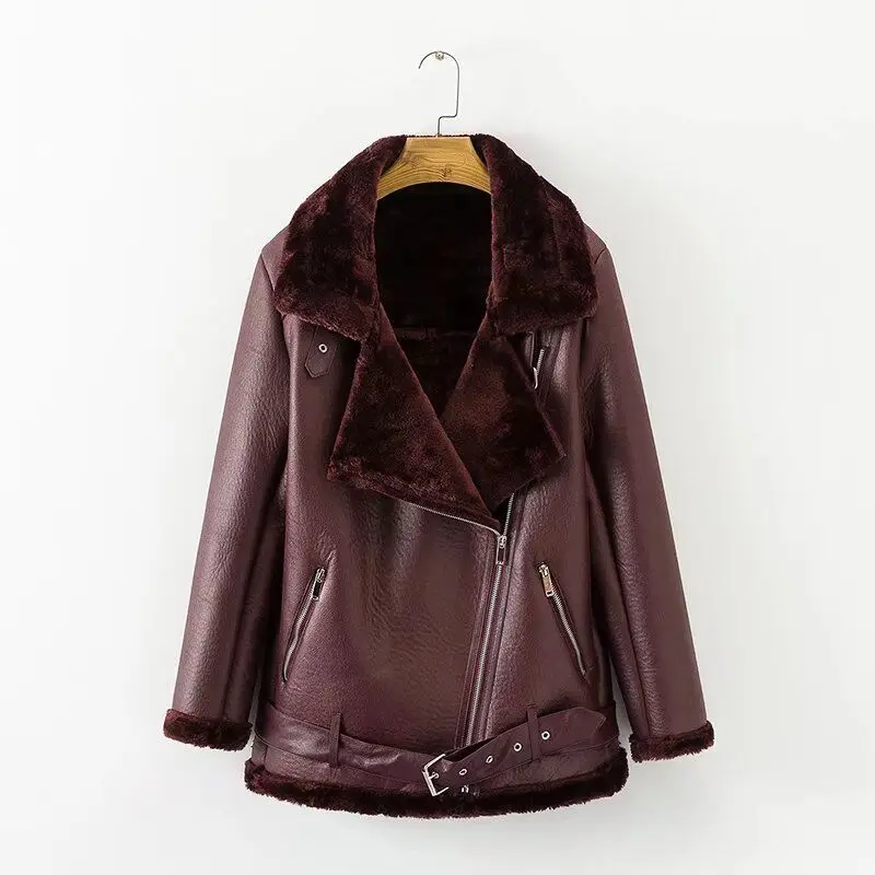 Promo  2019 AOEMQ Retro New Lapel and Velvet Padded Fur One Coat Warm Fashion PU Leather Lamb Hair Motorcy
