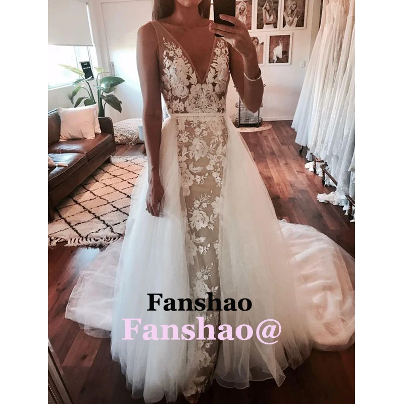 

Deep V Neck Flowers Wedding Dresses Lace Appliques Detachable Train Robe De Mariee Dubai Arabic Abiti Da Sposa Bridal Party