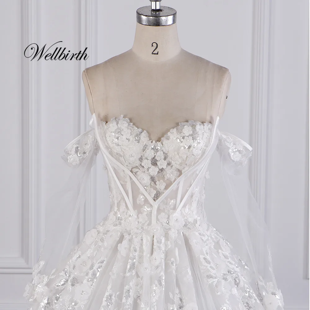 Реальное изображение Wellbirth Vestido de novia Милая Аппликация ТРАПЕЦИЕВИДНОЕ свадебное платье с открытыми плечами свадебное платье JC008