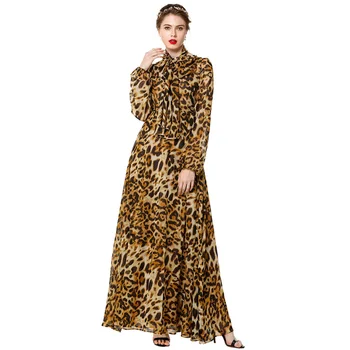 

Siskakia Leopard Dress Maxi Elegant Long Sleeve Bow Bandage Collar Evening Party Wear A Line Chiffon Long Dress Spring 2020 New