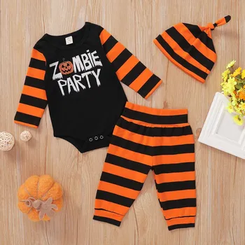 

3PCS Halloween Baby Girl Boy Clothes Set Autumn Long Sleeve Letter Print Romper Tops Striped Trousers With Hat Clothes Outfits