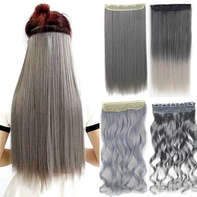 

Jeedou Clip in Hair Extensions For Women One Piece Straight&Wavy Synthetic Natural Black Gray Ombre Color Cosplay Hairpieces