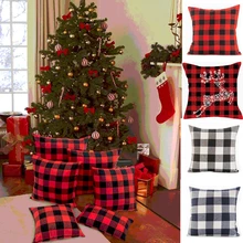 Funda de almohada de algodón y poliéster con diseño de cuadrícula roja, cubierta decorativa de Navidad para sofá, color negro