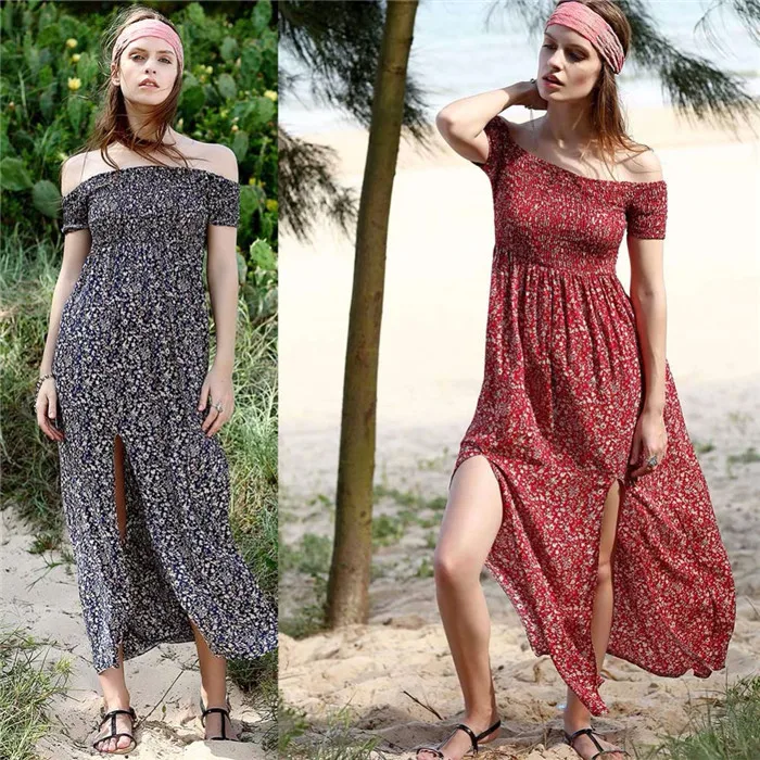 Богемное Макси-Платье рубашка Femme Boho Цветочный женское длинное раздельное платье Vestido сексуальное пляжное летнее платье без бретелек Сарафаны